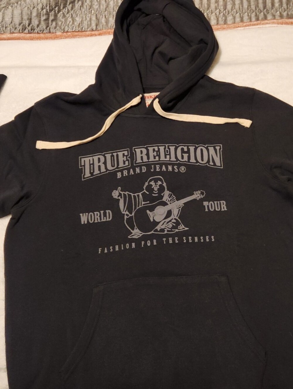 NWT SIZE XL True Religion Black Crewneck Hoodie with Cream Drawstrings